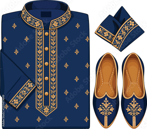 Traditional Indian Men Kurta Pajama Outfit Set with Golden Embroidered Navy Blue Kurta Matching Pocket Square and Mojari Shoes Vector Illustration, Ethnic Festive Groom Wedding Wear Concept   