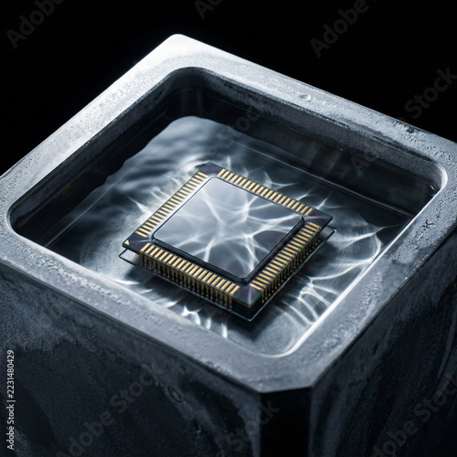 High performance computer processor microchip submerged in dielectric fluid for advanced liquid immersion cooling and thermal management in data center infrastructure