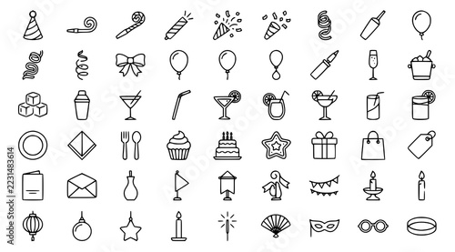 New Year Party Accessories Line Art Icon Set