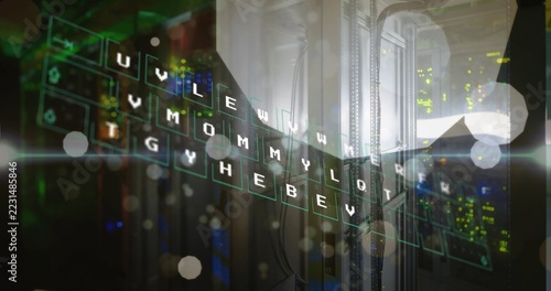 Glowing server racks showing LEDs, cable bundles, glass doors in datacenter, floating keyboard UI