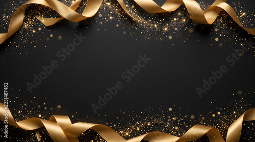 Macro close-up of luxurious flowing black silk fabric folds with warm glowing golden bokeh lights and generous copy space for Black Friday commercial background