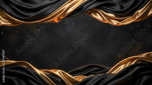 Macro close-up of luxurious flowing black silk fabric folds with warm glowing golden bokeh lights and generous copy space for Black Friday commercial background