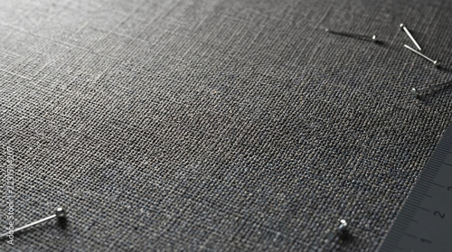 Sewing Fabric Texture Grey Linen Background With Metal Pins