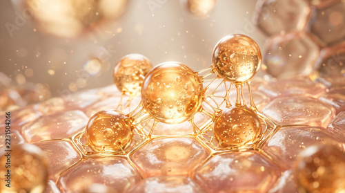 Golden Serum Droplets Over Hexagonal Skin Cell Surface Macro