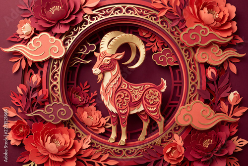 Chinese zodiac goat in ornate red and gold paper-cut floral design