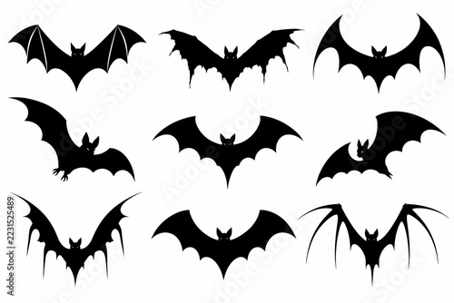 Black bat spooky Halloween icons bats set isolated on white background