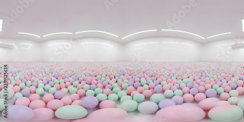 360 degree equirectangular panorama of a surreal white room filled with pastel balls