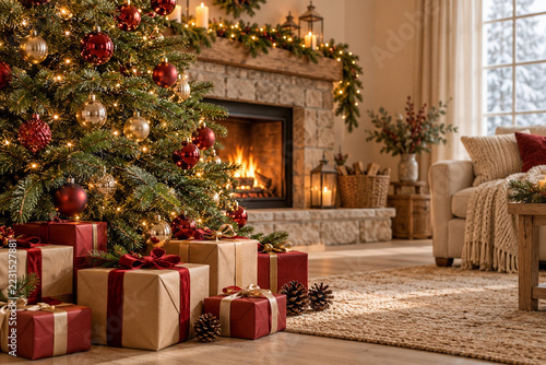 Christmas Tree Gifts and Cosy Fireplace