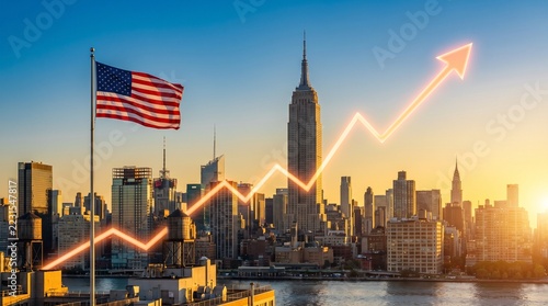 New York City Skyline at Golden Hour With Empire State Building US Flag and Glowing Orange Financial Growth Arrow