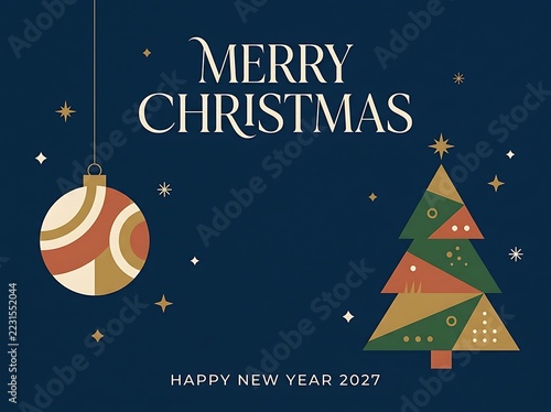 Merry Christmas Greeting Card Featuring Bauble and Tree Design