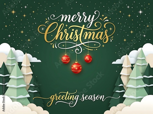 Merry Christmas Greeting Season Illustration With Snowy Trees
