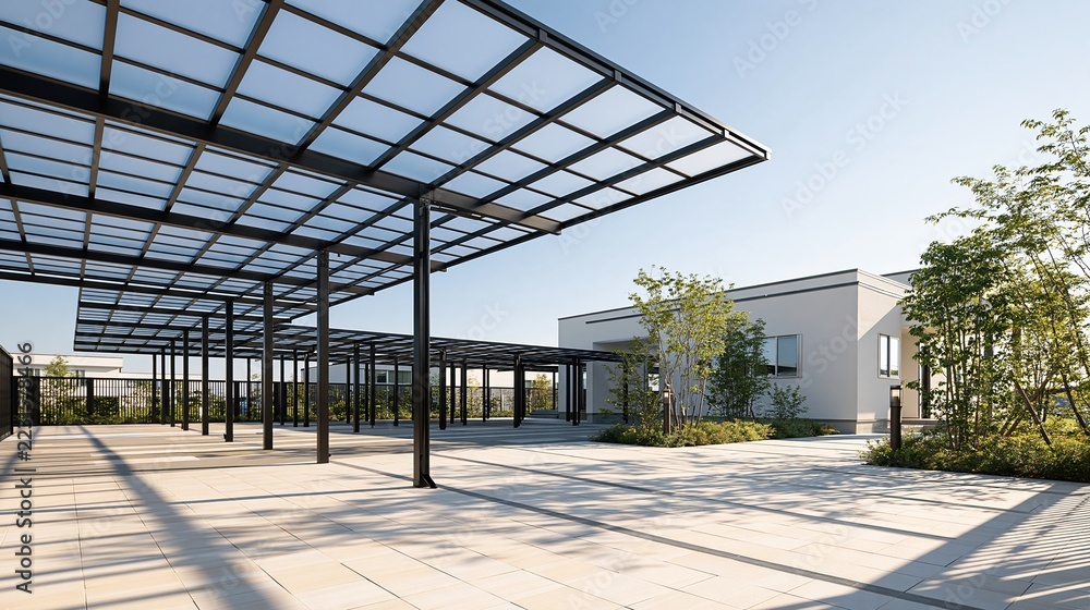 Fototapeta premium Modern Outdoor Parking Structure with Transparent Canopy and Landscaped Surroundings