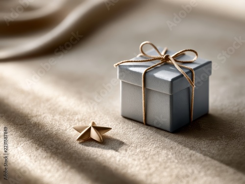Minimal pale-blue gift box tied to warm cream surface