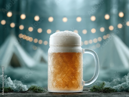 Cold beer mug at outdoor gathering with soft lighting