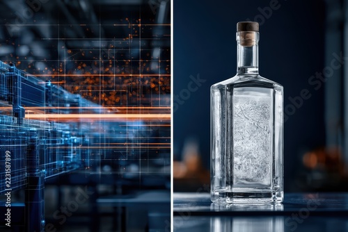 Minimal high-tech bottle against abstract blue conveyor geometry on dark cobalt background