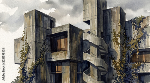 Brutalist concrete building with climbing vine under cloudy sky