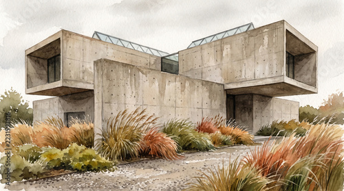 Contemporary concrete house with cantilevered rooms, glass skylight, and ornamental grass garden under cloudy sky