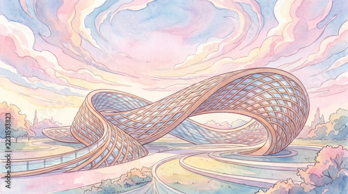 Futuristic architecture with curving lattice pavilion beneath pastel sky, surrounded by flowing paths, water, trees, and serene landscape