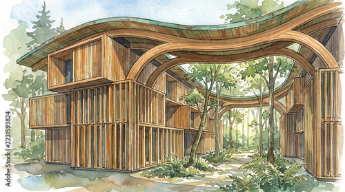 Contemporary wooden architecture forest house curved roof sketch illustration