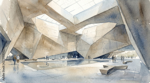 Contemporary museum architecture with angular concrete interior, skylight, reflective floor, visitor, and sculptural bench spacious gallery setting