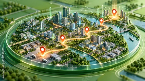 Miniature smart city model with illuminated transportation routes glowing location pins and green digital network border