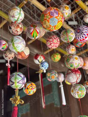 Colorful Japanese temari balls hanging as traditional decoration