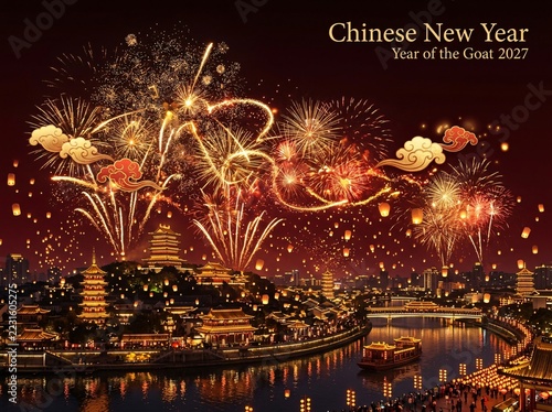 Panoramic Chinese city skyline with brilliant fireworks and Chinese New Year 2027 text