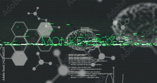 Glitching neon-green MONKEYBOX text hovering on dark HUD, showing wireframe brain, scanline noise