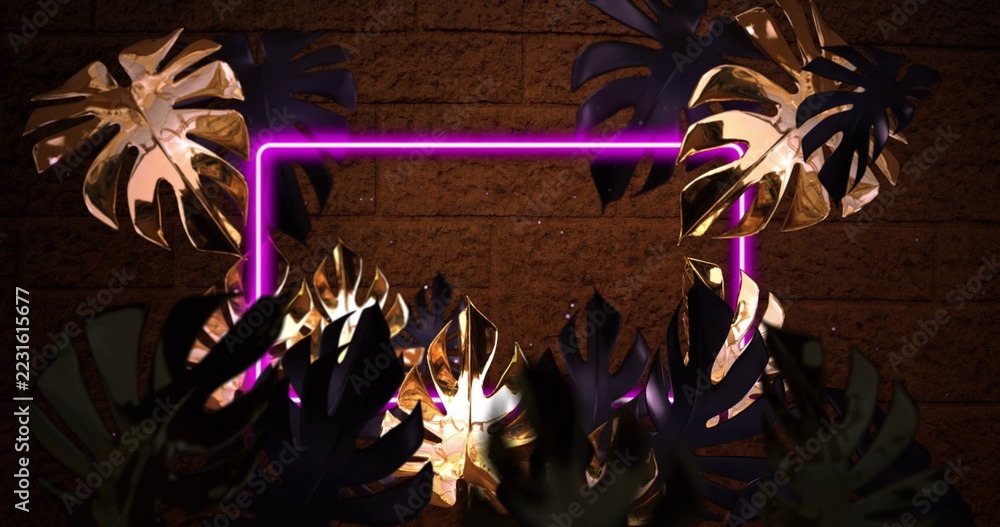 Obraz premium Glowing purple neon frame at brick wall, casting light on metallic gold and dark matte leaves