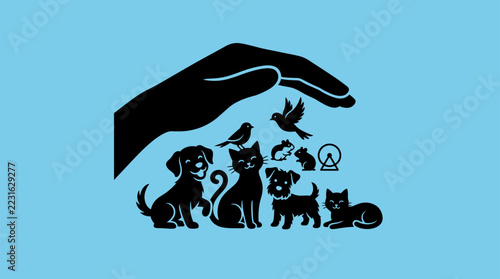 Pet Care and Protection Concept Hand Sheltering Diverse Animals