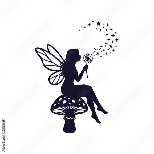 Fairy silhouette sitting on mushroom blowing dandelion seeds.