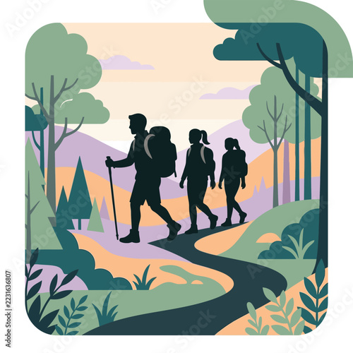 Family hiking through a scenic forest trail at sunrise.