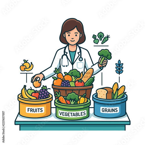 Female doctor holding healthy fruits and vegetables illustration.