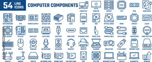 Obraz na plátně Computer component line editable icon set