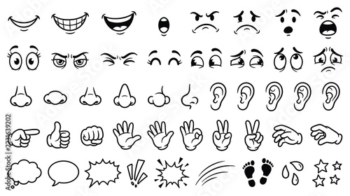 Cartoon facial features and hand gestures set in black and white.