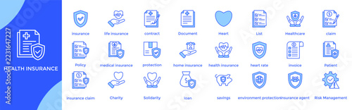 health insurance icon set illustration vector. with insurance, life insurance, contract, Document, Heart, List, Healthcare, claim, Policy, medical insurance icon