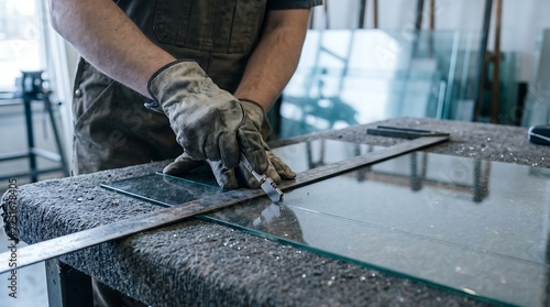 Glass cutter scoring sheet glass with ruler