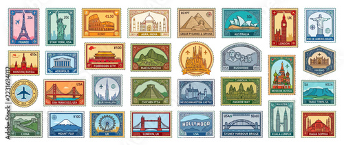 Collection of Famous World Landmarks Illustrated as Postage Stamps