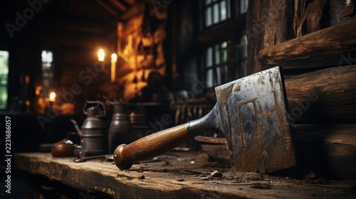 Handcrafted meat cleaver on rustic tree stump with barn walls in background showcasing traditional craftsmanship and natural elements