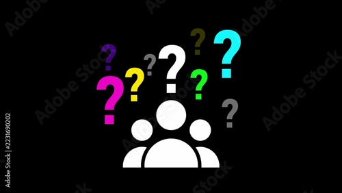 White icon of a group of people surrounded by colorful question marks on a black background, representing confusion, inquiry, and curiosity