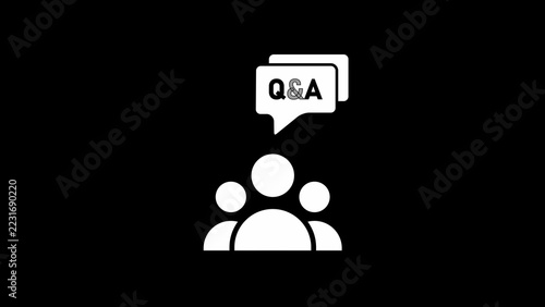 White icon of a group of people with a speech bubble containing the text q and a on a black background, representing communication and support