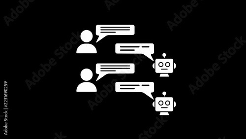 White icons of human users and robots exchanging messages in speech bubbles on a black background, representing human and ai communication flow