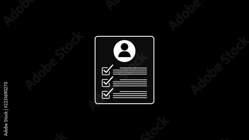 White outline icon of a personal profile document with a user head symbol and a checklist of three completed tasks on a solid black background