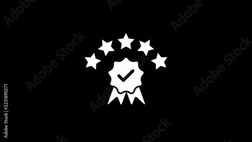 White outline icon of a five star rating badge with a check mark in the center on a black background, representing and customer approval