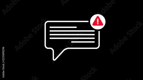 White speech bubble icon with lines of text and a red warning triangle symbol on a black background, representing an alert or error message