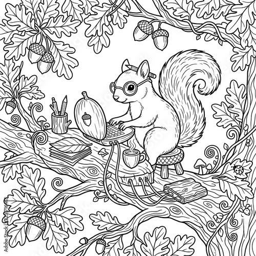Cute squirrel working on laptop coloring page