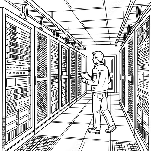 IT technician in server room outline illustration