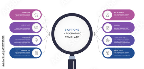 Eight option infographic template with a central circle and curved connectors branching to eight panels. Branching 8 options diagram or chart. Vector template