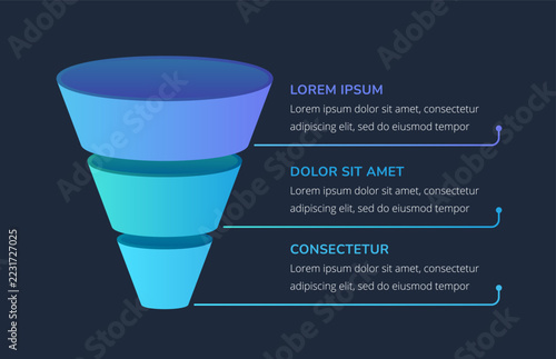 Three step funnel infographic template with stacked levels connecting to text labels. 5 stage process chart or diagram for marketing or business. Vector template. Dark background