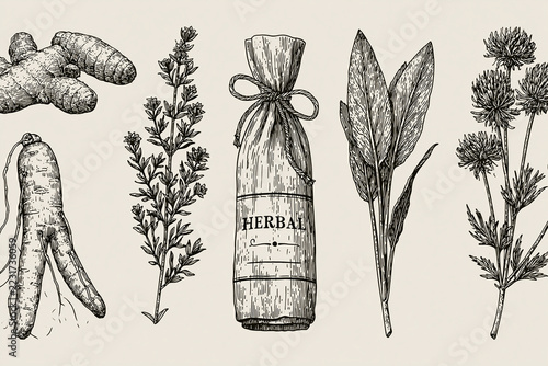 Vintage herbal apothecary illustration with ginger root, medicinal plants, and tied bottle on warm paper background, arranged as seamless botanical pattern in detailed black ink